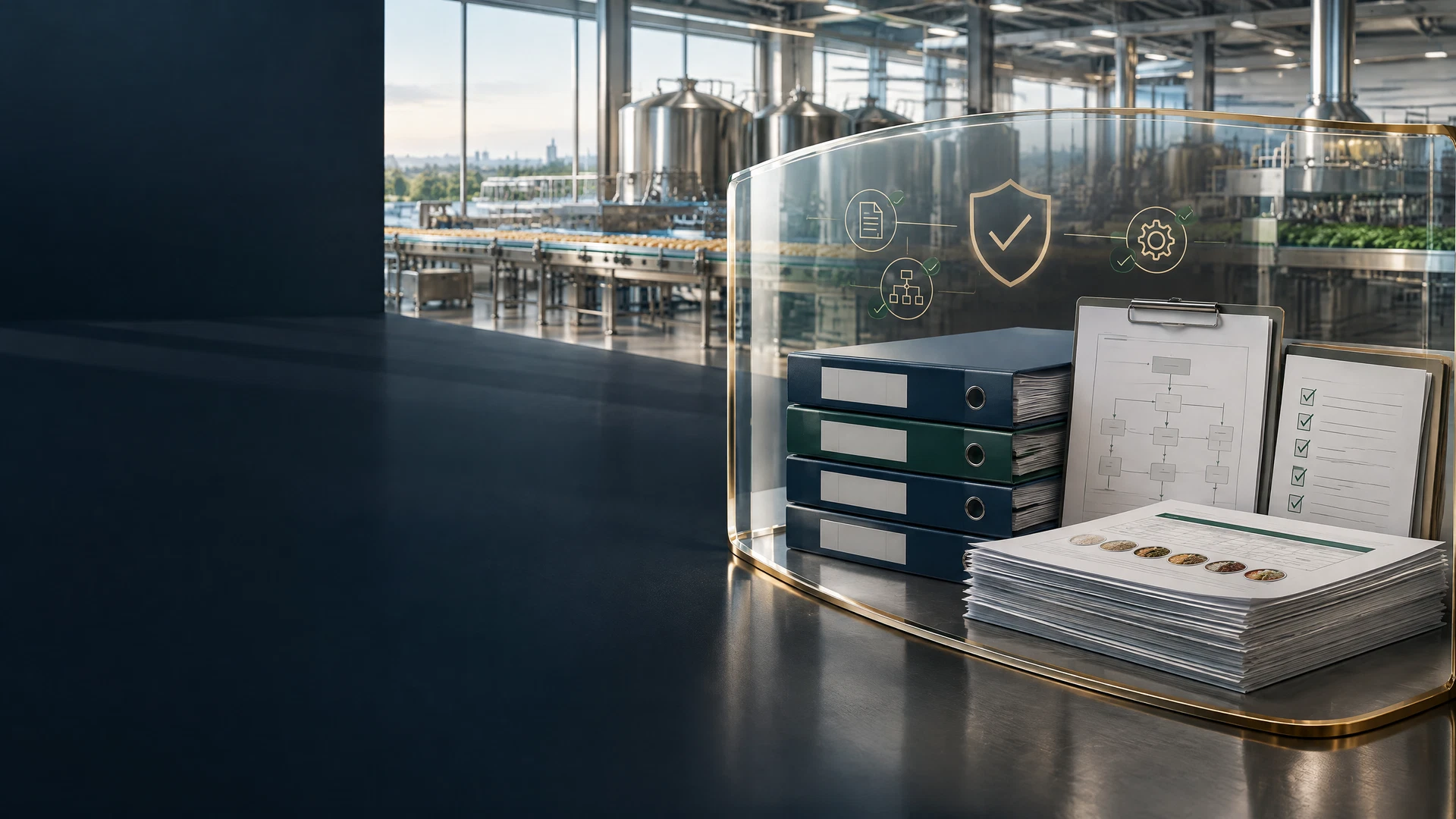 Protective glass shield safeguarding anonymous halal audit records in a food production setting